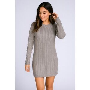 iKnit Women's Gray Pearl Embellished Long Sleeve Knit Sweater Dress Size L EUC